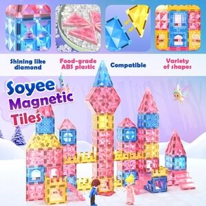 58 Piece Soyee Magnetic Tiles Building Set - Pink, Blue, Yellow